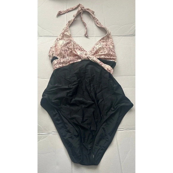 Cupshe Womens Halter One Piece Swimsuit XL Bathing Suit Black & Pink Snake Print - Picture 2 of 7